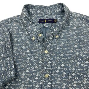 Ralph Lauren Button Up Shirt Mens Size XXL Blue Chambray Beach Print‎